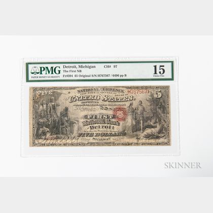1865 Original First National Bank of Detroit, Michigan $5 Note, Ch. 97, PMG Choice Fine 15