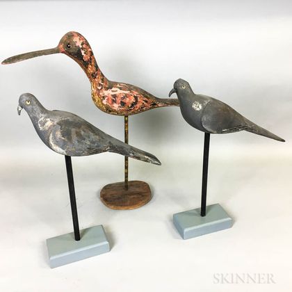 Three Polychrome Carved Wood Birds on Stands