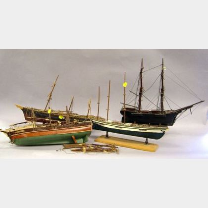 Four Small Painted Wooden Sailing Ship Models