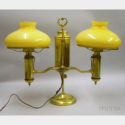 Brass Double Student Lamp with a Pair of Cased Amber Glass Shades