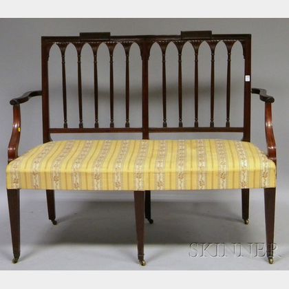 Regency-style Upholstered Carved Mahogany Double Chair-back Settee