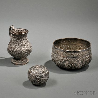 Three Pieces of Middle Eastern or Indian Silver Hollowware