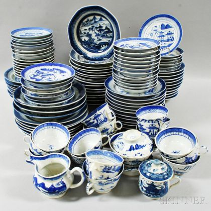 Approximately 116 Canton Blue and White Porcelain Plates, Soups, Teacups, and Saucers. Estimate $600-800