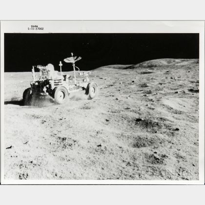 Apollo 16, Lunar Roving Vehicle in the Grand Prix Run, Driven by John Young, and a Photograph of a Lunar Boulder.