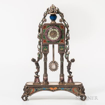 Viennese Silver, Enamel, and Jeweled Clock