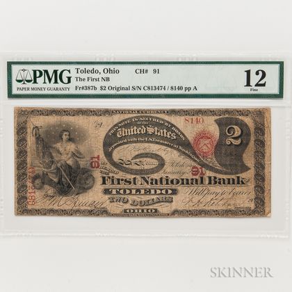 1865 Original First National Bank of Toledo, Ohio $2 "Lazy Deuce," Ch. 91, PMG Fine 12