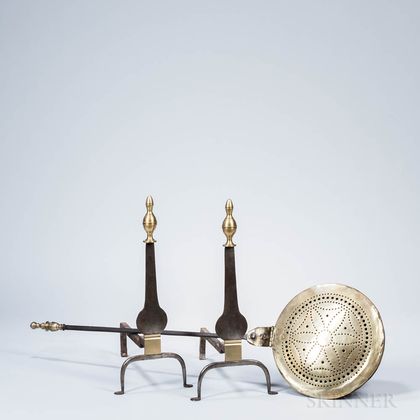 Pair of Wrought Iron and Brass Knife Blade Andirons and a Brass Bed Warmer