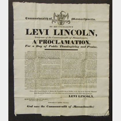 Levi Lincoln Proclamation for a Thanksgiving Broadside, 1825. 