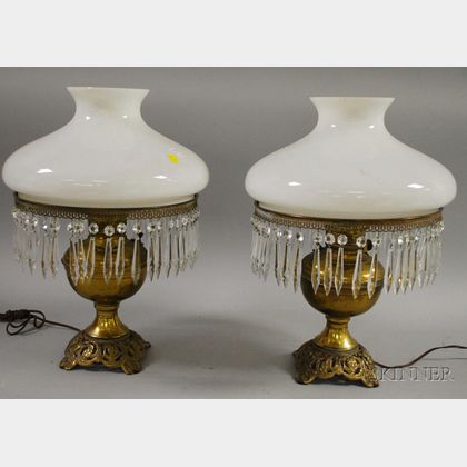 Pair of Late Victorian Brass Kerosene Table Lamps with Milk Glass Dome Shades and Prisms