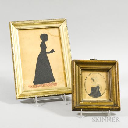 Framed Portrait Miniature of a Woman and a Full-length Cut Silhouette of a Girl