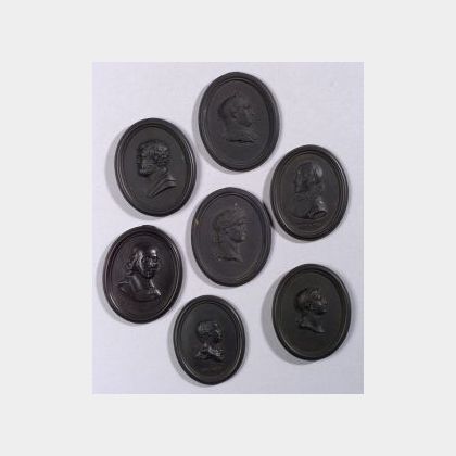 Seven Wedgwood Black Basalt Self Framed Oval Portrait Medallions