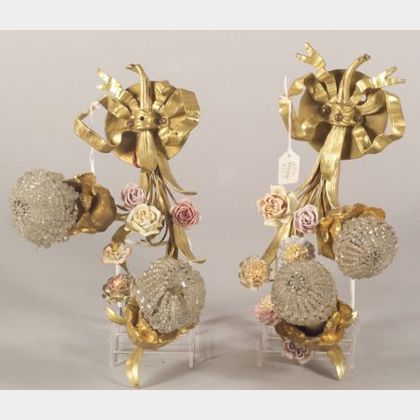 Pair of Louis XVI-style Gilt Bronze and Porcelain Mounted Two Light Wall Sconces