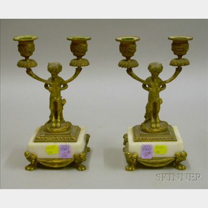 Pair of French Gilt Bronze Figural Candelabra with Marble Bases