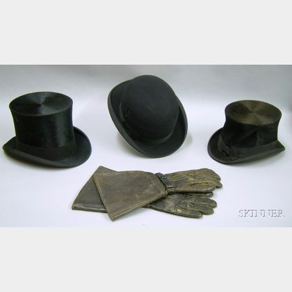 Two Men's Brushed Silk Top Hats, a Felt Bowler, and a Pair of Leather Gauntlets