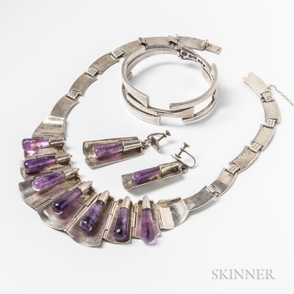 Mexican Sterling Silver and Amethyst Necklace and Earring Set and Sterling Silver Cuff