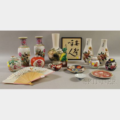 Fourteen Pieces of Assorted Asian Ceramics, a Framed Calligraphic Panel, and a Hand Fan