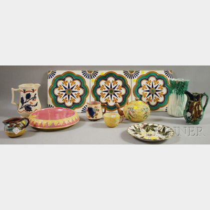 Set of Three Majolica Glazed Tiles and Nine Majolica Tableware Items