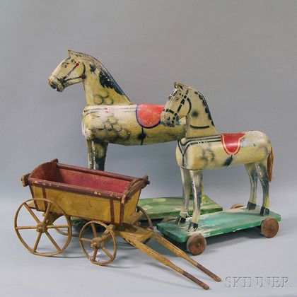 Two Painted Wooden Pull-toy Horses and a Wagon