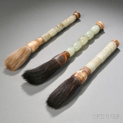 Three Ink Brushes with Carved Stone Handles