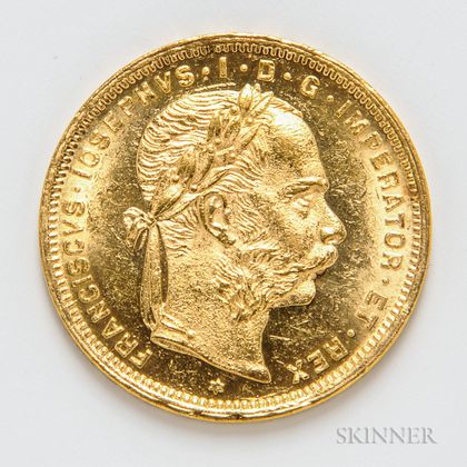 1888 Austrian 8 Florin 20 Francs Gold Coin, KM2269.