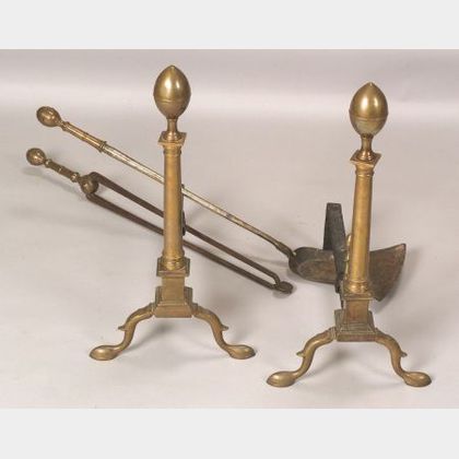 Pair of Brass and Iron Lemon-top Andirons and Two Fireplace Tools