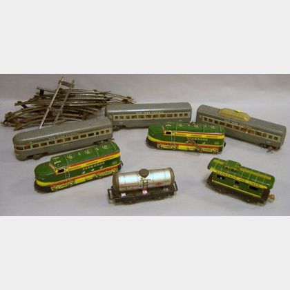 Three Marx New York Central Painted Metal Passenger Train Cars, Two Marx Seaboard Air Lines Lithograph Metal Wind-up Train Engines and 