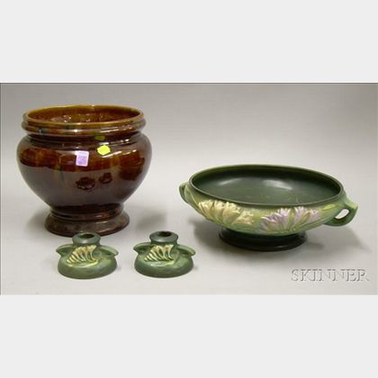 Roseville Pottery Freesia Pattern Footed Centerbowl and a Pair of Candleholders, and a Gloss Brown Glazed Potte... 