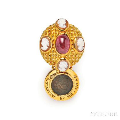 18kt Gold, Ancient Coin, and Rubellite Brooch, Elizabeth Gage