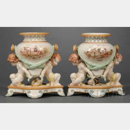 Pair of Wedgwood Lessore Decorated Queen's Ware Trentham Vases