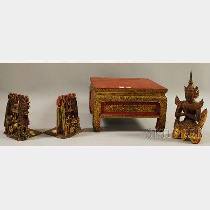 Four Asian Carved and Gold and Red-painted Wooden Articles