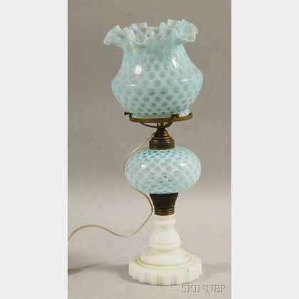 Late Victorian Opalescent Pale Blue Coin Spot and Pressed Milk Art Glass Kerosene Table Lamp