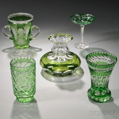 Five Pieces of Green Cut-to-Clear Glassware