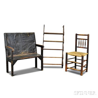 Black-painted Settee, a Carved Oak Hanging Wall Shelf, and a Side Chair. Estimate $300-500