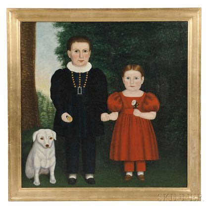 Ruth Whittier Shute (New Hampshire, 1803-1882) Portrait of a Brother and Sister with Their Dog