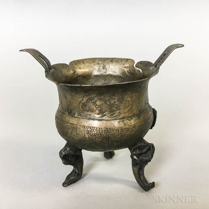 Chinese Tang-style Engraved Bronze Tripod Censer