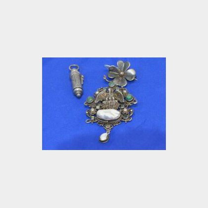 Baroque-style Silver, Emerald, and Seed Pearl Brooch