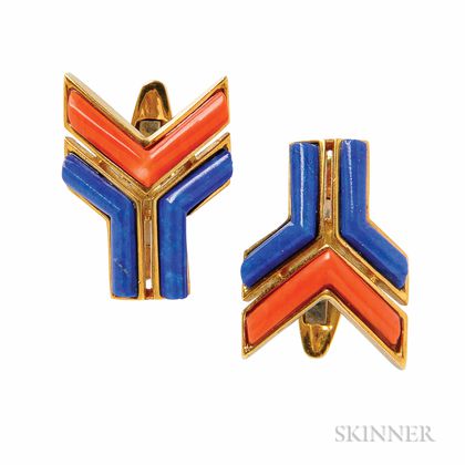 18kt Gold, Lapis, and Coral Cuff Links, Attributed to Donald Claflin, Tiffany & Co.