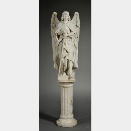 Italian Carved Carrara Marble Figure of an Avenging Angel and Associated Pedestal