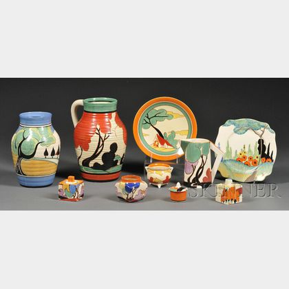 Ten Clarice Cliff Decorated Pottery Items