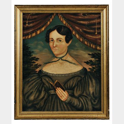 American School, Early 19th Century Portrait of a Woman in a Gray-green Dress Holding a Book Under Tasseled Drapery