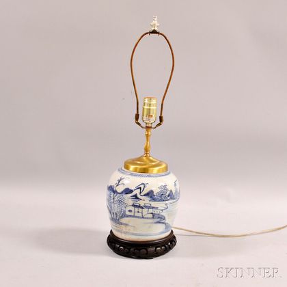 Blue and White Porcelain Ginger Jar Mounted as a Lamp