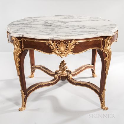 Louis XV-style Ormolu-mounted and Kingwood-veneered Marble-top Center Table