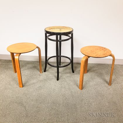 Thonet Cane-seat Stool and Two Bentwood Side Tables