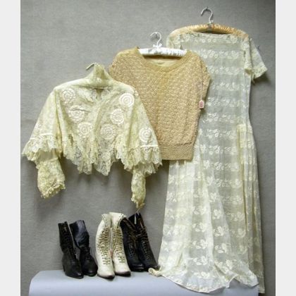 Edwardian Lace Trimmed Embroidered White Cotton Day Dress, a Victorian White Lace Chemise, and a 1920s Era Croc... 