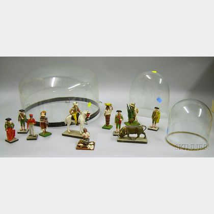 Collection of Mexican Wax and Cloth Cultural Figures under a Glass Dome