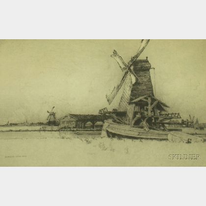 Unframed Etching on Paper of a View of the Zaandam Saw Mill by Andrew F. Affleck (British, fl. 1910-1935)