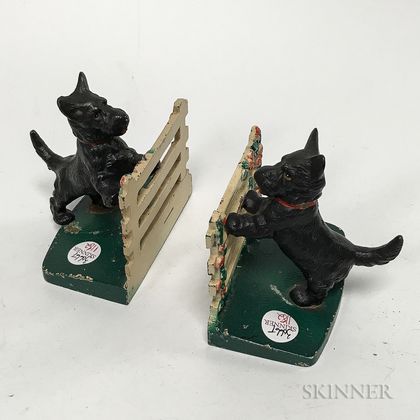 Pair of Polychrome Cast Iron Scottie Dog at Fence Bookends