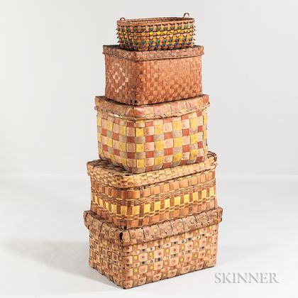 Stack of Five Native American Polychrome and Stamp-decorated Splint Baskets