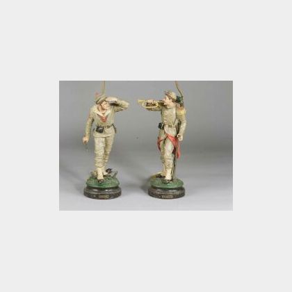Pair of Painted Spelter European Military Figural Lamp Bases. 