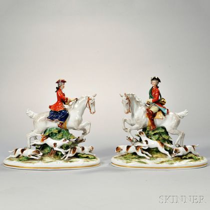 Pair of Dresden Porcelain Fox Hunt Figural Groups